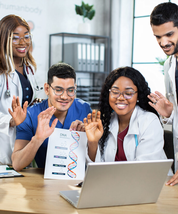 Four diverse multiracial genetics doctors scientists in uniforms waving to their colleague during video online conference, while working over joint research of structural DNA formula and drugs